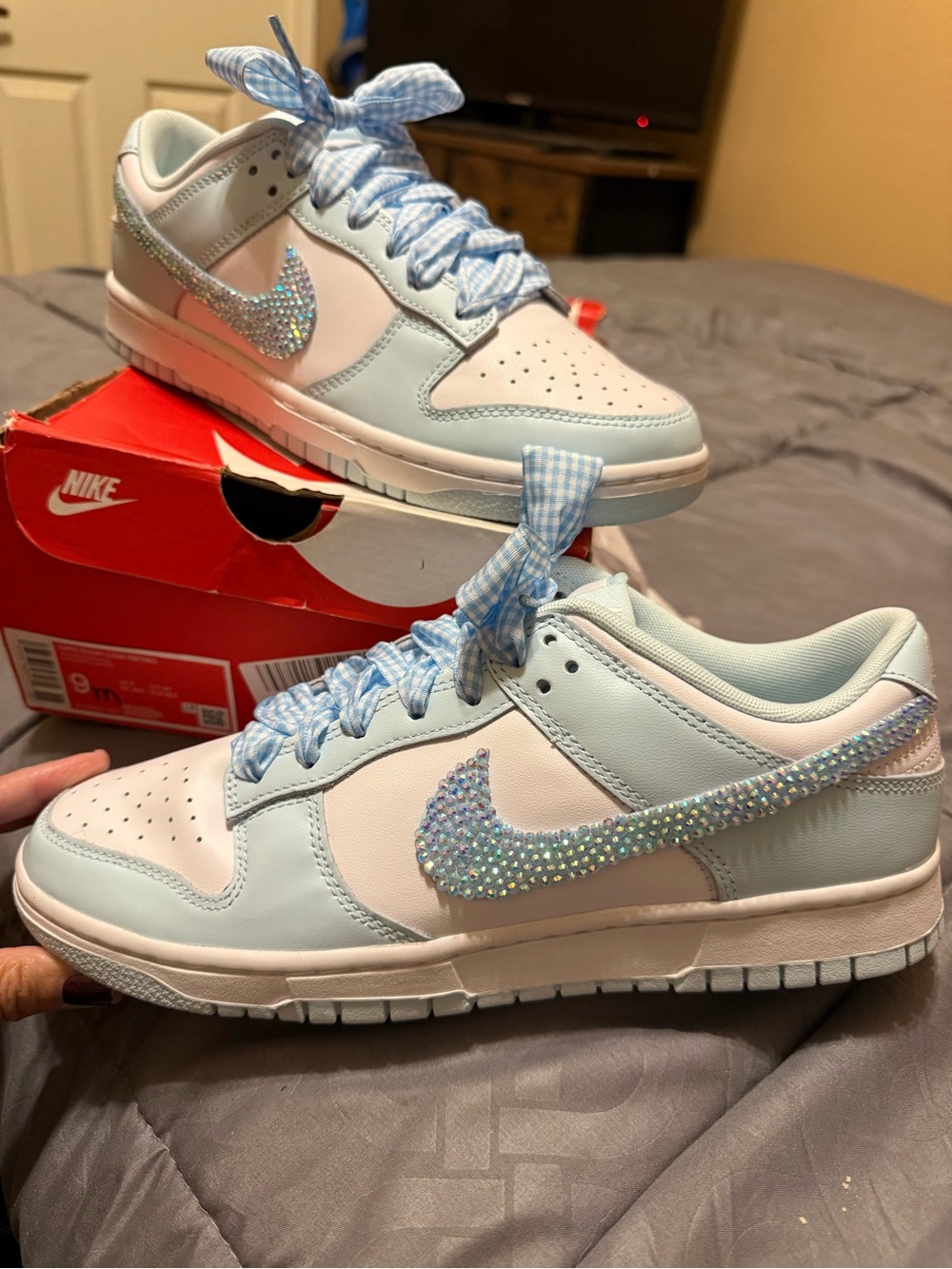 Nike Dunk Low Custom Light Blue & White with Crystal Swoosh and plaid laces